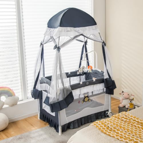 HONEY JOY 4-in-1 Pack and Play with Canopy, Portable Baby Playard w/Changing Table and Infant Bassinet Cute Toys & Music