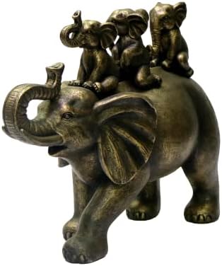 Nature's Mark 8" H 3 Baby Elephants Riding an Elephant Resin Statue Figurine Home Decorative Accent Decor (Brown)