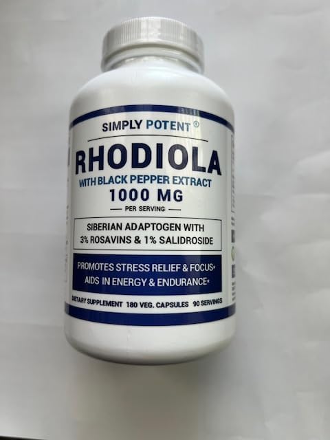 Simply Potent Siberian Rhodiola Rosea Capsules, Max Absorption Rhodiola 1000mg 180 Pills with 10mg Bioperine