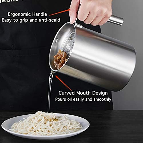 Sumerflos 1.8 L/1.9 Quart Stainless Steel Grease Strainer and Container - Large Oil Storage Pot Grease Keeper with Dust-Proof Lid & Easy Grip Handle