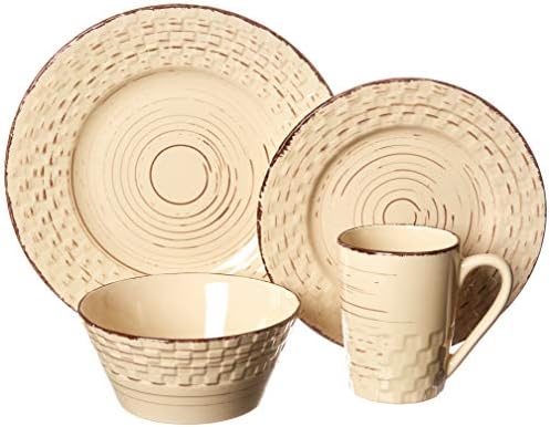 Lorren Home Trends Distressed Weave Dinnerware Set, Buttercup, 16 Piece | Service for 4