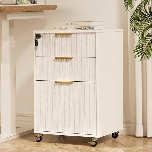 3 Drawers Fluted Mobile File Cabinet with Lock, Rolling File Cabinet Printer Stand Table, Under Desk Wooden Filing Cabinets for Home Office Essentials Storage Organization Furniture Letters/A4(Oak)