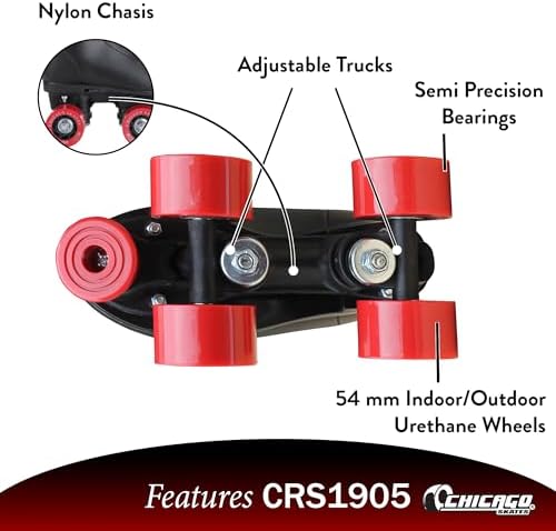 Chicago Rink Roller Skates for Girls & Boys – Durable Top Performance Indoor/Outdoor Use Skate Shoes with Padded Ankle Collar, Lace-Up & Velcro Strap – 54mm Urethane Wheels, Semi-Precision Bearings