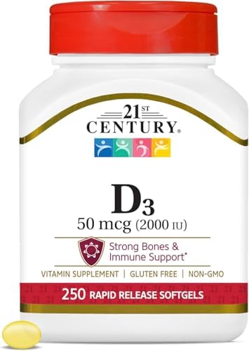 21st Century Vitamin D3 2000 IU Softgels, Bone & Immune, 250 Count | Vitamin D3 2000 IU Fast-Release Liquid Softgels, Bone Health, Immune Support & Calcium Absorption, Value 250-count Bottle