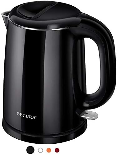 Secura Stainless Steel Double Wall Electric Kettle Water Heater for Tea Coffee w/Auto Shut-Off and Boil-Dry Protection, 1.0L (Orange) SWK-1001DO/HB-K012
