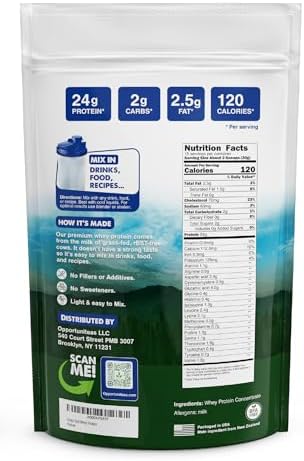 Grass Fed Whey Protein Powder Concentrate - 1 Ingredient - Pure Protein Supplement for Drink, Smoothie, Shake, Cooking & Baking - Non GMO, Hormone Free & Gluten Free - 1 Pound