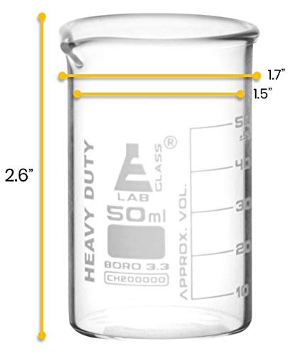 Eisco Measuring Beaker, Borosilicate 3.3 Glass, White Graduations, 50ml | Heat & Chemical Resistant, Thermal Shock Ready, 2.2mm Uniform Walls