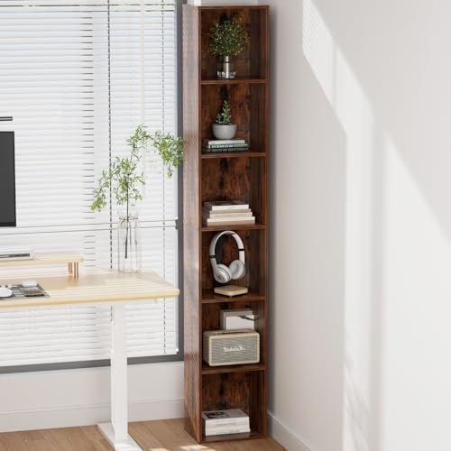 6-Tier Tall Narrow Bookshelf, 70.5" Skinny Thin Bookcase, Brown | Corner Shelf Slim Storage Cabinet