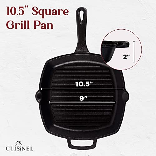 Cuisinel Cast Iron Square Grill Pan + Glass Lid + Pan Scraper + Handle Cover - 10.5" Pre-Seasoned Ridged Skillet - Grill, Stovetop, Fire
