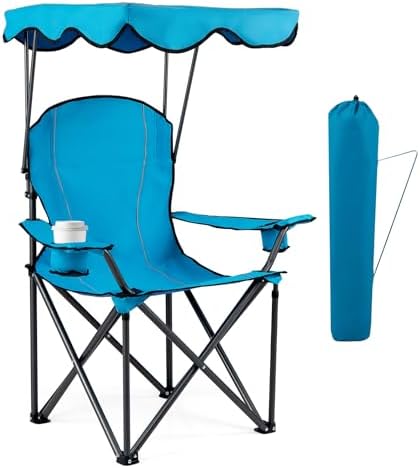 Goplus Camping Chair with Canopy Shade, Folding Lawn Chair with Umbrella Cup Holder & Carry Bag, Portable Sunshade Chair for Adults for Beach Outdoor Travel Hiking Fishing (Red)