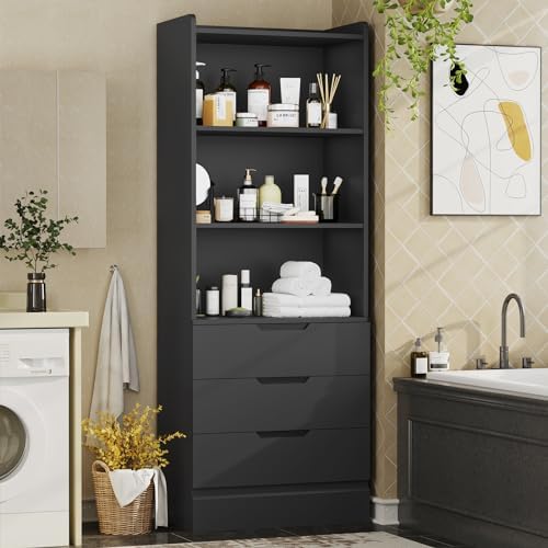 DICTAC 73.23'' Tall Storage Cabinet Bookcase with 3 Drawers and 3-Tier Open Shelves Wooden Bookshelf Kitchen Pantry Storage Organizer Cabinets for Living Room, Study, Kitchen,Bathroom,White