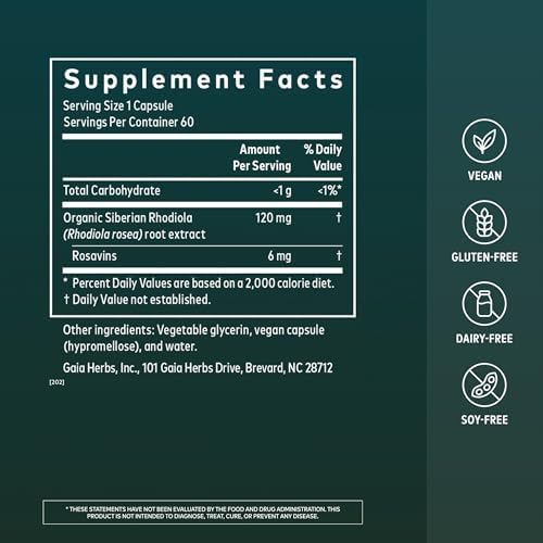 Gaia Herbs Rhodiola Rosea - Stress Support Supplement Traditionally for Supporting Healthy Stamina & Endurance* - with Siberian Rhodiola Root Extract - 60 Vegan Liquid Phyto-Caps (60 Servings)