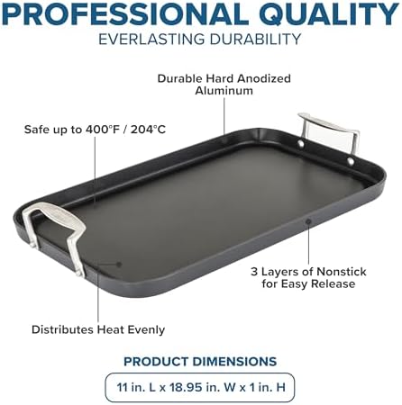 Viking Nonstick Double Burner Griddle, 19 x 11 Inch Hard Anodized Kitchen Grill Pan with Handles, Oven Safe, Works on Gas, Ceramic