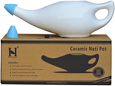 Ceramic Neti Pot Premium Handcrafted, Nose Cleaner for Sinus Dishwasher Safe with 2 Silicone Nozzle Tip, 225 Ml Capacity - White Color