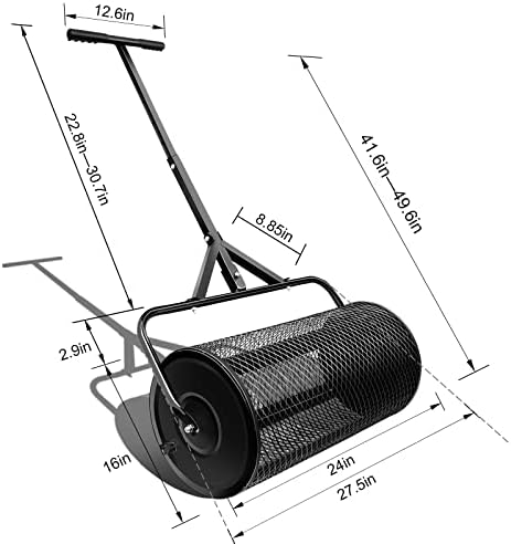 24 in Compost Spreader for Lawn Garden Yard Upgraded T Shaped Handle Moss Durable Lightweight for Planting, Seeding (D15.7In, Black)