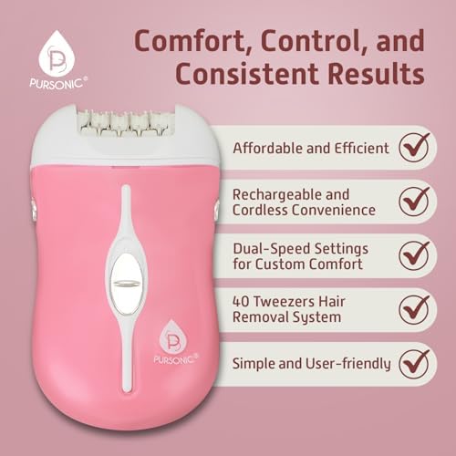 Pursonic Fe120P Cordless Epilator with 40 Tweezers - Rechargeable 2 Speed Epilators Hair Removal for Women - Compact Hair Removal Device for Arms