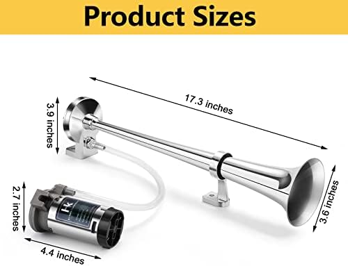 HK 12V 150db Air Horn, 18 Inches Chrome Zinc Single Trumpet Truck Air Horn with Compressor Powerful Loud 150db for Truck Boat SUV Train (Sliver)