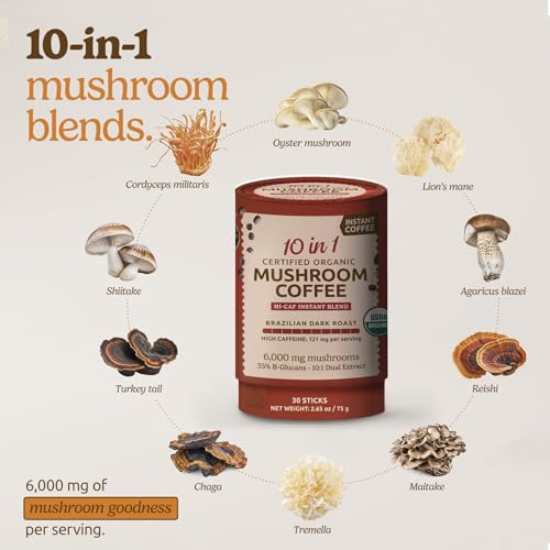ShroomDNA Mushroom Coffee Blend with Chaga & Lion's Mane | Instant Focus + Clarity All Day | Organic + Vegan + Gluten Free | No Added Sugar | 20 Count