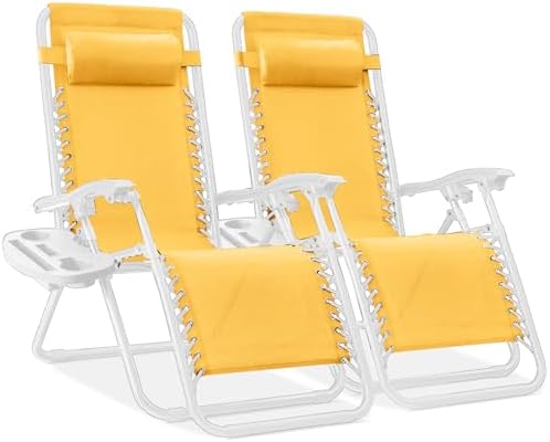 Best Choice Products Set of 2 Adjustable Steel Mesh Zero Gravity Lounge Chair Recliners w/Pillows and Cup Holder Trays - Light Blue