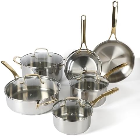 Martha Stewart Castelle 10 Piece 18/8 Durable Stainless Steel Induction Safe Pots and Pans Non-Toxic Kitchen Cookware Set - Gold Handles - Dishwasher Safe