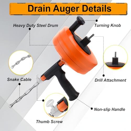 50FT Drain Auger with Drill Adapter, Manual or Powered Drain Snake | Plumbing Clog Remover, Flexible Cable, Manual Crank or Drill Operation