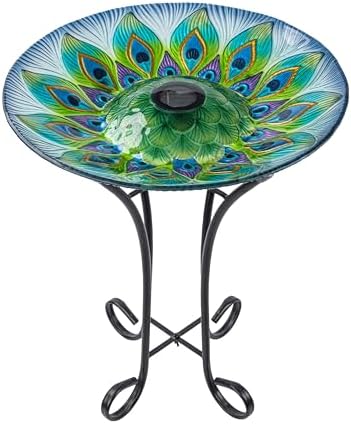 Teamson Home Handpainted Hummingbird Fusion Glass Birdbath Bowl Feeder with Metal Stand for Outdoor Patio Garden Backyard Decking, 21 Inch Height, Purple/Light Blue | Fusion Glass, Metal Stand, Outdoor Patio Garden Backyard Decking, 21 Inch Height