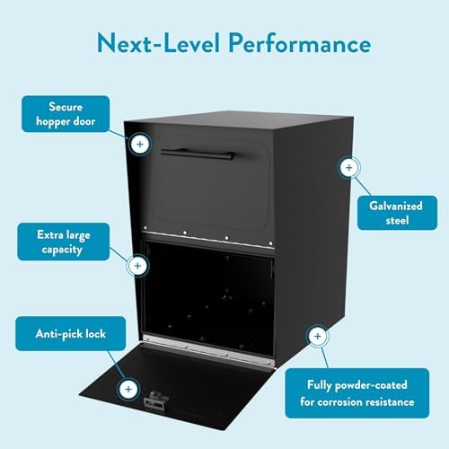 Architectural Mailboxes Oasis Galvanized Steel Package Drop Box, Black, XL | Rust-resistant parcel locker with a secure cam lock, an anti-theft hopper door, and a powder-coat finish.