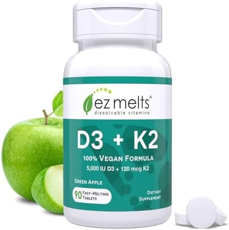 EZ Melts Dissolvable Vitamin D3 5,000 IU - Vegan Vitamin D Supplement for Bone & Teeth Support - No Artificial Flavors - Plant-Based & Non-GMO - Green Apple - 90 Dissolvable Tablets (90 Servings)