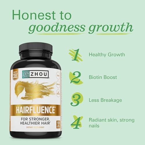 Zhou Hairfluence Supplement - 60 Veggie Capsules (Pack of 1) | Vegan Biotin Supplement for Hair Growth for Men & Women, Supports Stronger & Healthier Hair & Nails