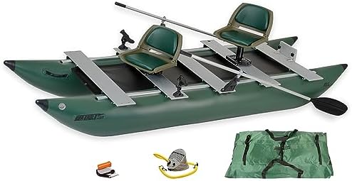 Sea Eagle 375fc FoldCat 1-2-Persons Inflatable Fishing Pontoon Boat, Lightweight & Portable, w/2 Green Swivel Seats, Pedestal, Oar Set, Scotty Rod Holders, Boat Bag, & Pump