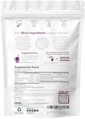 Micro Ingredients Multi Collagen Peptides Powder, 2lb (82 Servings) | Hydrolyzed Type I, II, III, V, X with Biotin, Hyaluronic Acid & Vitamin C. Unflavored Collagen for Women & Men, Easy Dissolve