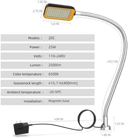 Magnetic Work Light, 9W Led Flexible Gooseneck with Adjustable Magnetic Base for Lathe Machine Milling Drill Press Workbench Industrial Lighting