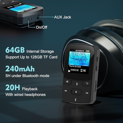 RUIZU 64GB Clip MP3 Player with Bluetooth 5.3, Lightweight 1 oz | Portable Music Player for Sports Running, Physical Buttons, FM Radio, Voice Recorder, Sleep Timer, Up to 128GB microSD Card