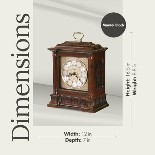 Howard Miller Akron II Mantel Clock – Windsor Finish, Dual-Chime Kieninger Movement, Arabic Numerals, Brushed Nickel Dial, Wooden Base