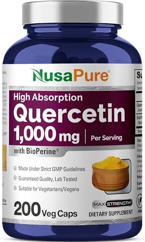 NusaPure Quercetin, Non-GMO, Vegan, 1000mg, 200 Veg Capsules - 100 Servings | Plant Based Formula, Sophora Japonica & BioPerine, Suitable for Adults