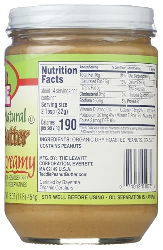 Teddie All Natural Peanut Butter, Smooth Organic, Gluten Free & Vegan, 16 Ounce Glass (Smooth - Organic, Pack of 1)