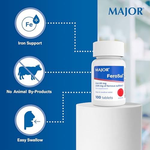 Major Ferosul - Ferrous Sulfate 325mg Tablets with 65mg of Elemental Iron - Iron Supplement for Women, Men - Red - 100 Count (3 Pack)