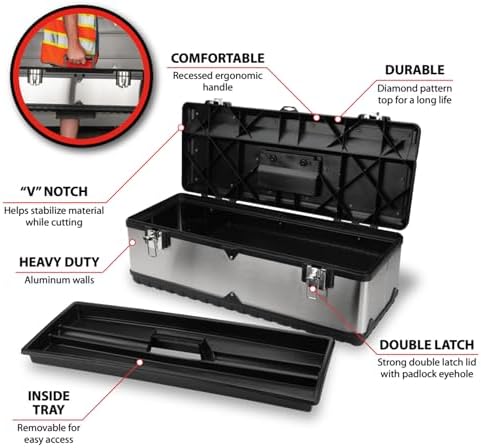 Performance Tool W54026 26 in. Steel Tool Box with Removable Tote | Heavy duty steel storage box and organizer. Recessed ergonomic comfort handle. Strong double latch with padlock eyehole