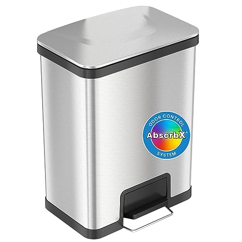 iTouchless Airstep 13 Gallon Step Pedal Kitchen Trash Can with Odor Filter, 50 Liter Commercial Grade Stainless Steel Recycle Bin for Home and Office, Silent Lid Open and Close