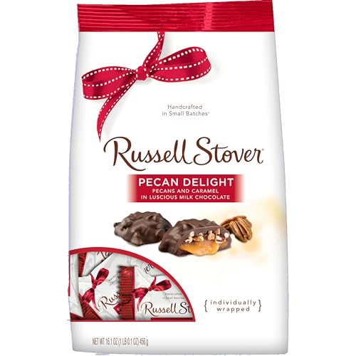 Russell Stover Pecan Delight Gusset Bag 16.10 Ounce Russel Stover Milk Chocolate Covered Candy Pack, Crunchy Pecans and Buttery Caramel Covered In Sweet Milk Chocolate Candy, Individually Wrapped | Individually Wrapped Pieces, Crunchy Pecans, Buttery Car…