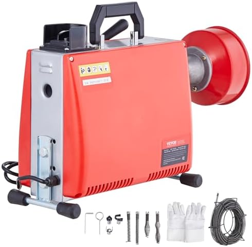 VEVOR 66FT x 5/8 Inch Drain Cleaner Machine, 250W Electric Sewer Snake Auger Manual Feed - with 7 Cutters, 2 Steel Cables (66' x 5/8" and 15' x 3/8")& CW/CCW Control for 1.6" to 4" Pipes