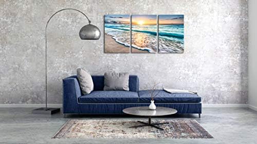 Wieco Art 3 Panel Blue Beach Canvas Wall Art for Home Decor Sunset White Wave Beach Pictures on Canvas Sea View Canvas Prints Artwork for Wall Decor