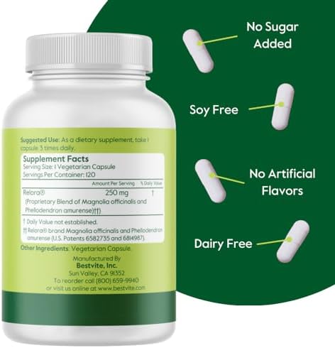 BESTVITE Filler-Free Relora 250mg (120 Veg Caps) - Clinically Researched | No Stearates – Vegan – No Fillers – Supports the Management of Occasional Stress* - Easy to Swallow Capsules
