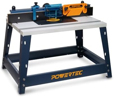 POWERTEC Benchtop Router Table with Steel Stand and Adjustable Fence – 24" x 16" MDF Laminated Top, Insert Plate, 2-1/2" Dust Port, Fence Stop