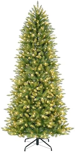 Puleo International 7.5ft Pre-Lit Slim Fraser Christmas Tree with 500 Warm White LED Lights, 1453 Realistic Dense Branch Tips, Easy Setup Artificial Trees with Sturdy Metal Stand