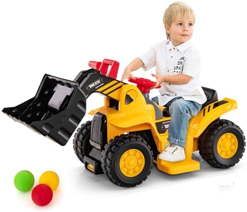 Costzon Ride on Excavator, Ride on Construction Vehicles w/Helmet, 3 Toy Stones, Realistic Sound, Adjustable Bucket & Under Seat Storage, Bulldozer Ride on Toy Gift for Kids Boys & Girls