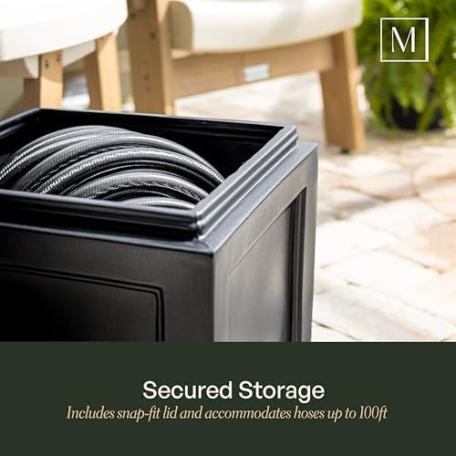 Mayne Fairfield Garden Hose Bin - Black - 17in L x 17in W x 18in H - Holds up to 100 ft. of standard garden hose (5858-B) | Concealed storage, Holds 100ft hose, Fade resistant, All-season, 15-year warranty
