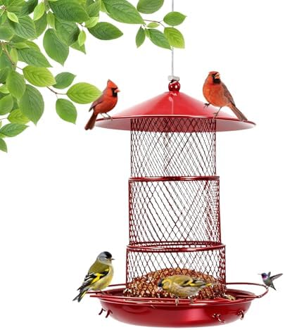 Three-Tier Metal Hanging Bird Feeder Durable and Sturdy, red Finish Large Capacity with Perch Mesh Design Features Drainage Holes (Red)