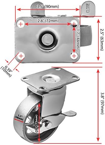 4 All Steel Swivel Plate Caster Wheels w Brake Lock Heavy Duty High-Gauge Steel Gray (3" Combo)