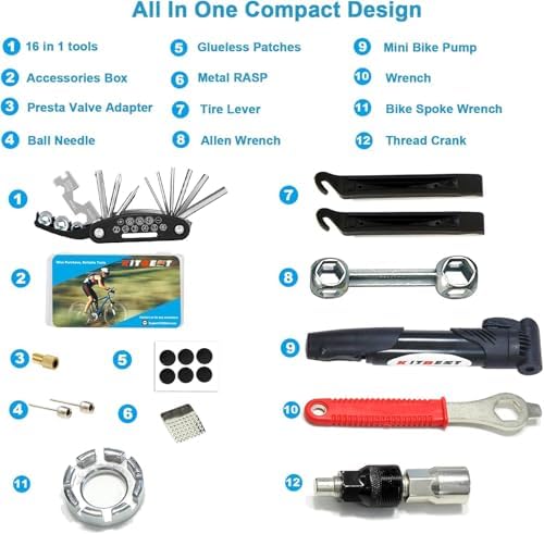 Bike Repair Bag with Tire Pump and Portable Bicycle Kit for Camping Travel | All in One Tool kit, 16 in 1 Bike Multitool, Bike Glueless Patches, Bicycle Tire Repair Kit, Fits Mountain & Road Bike